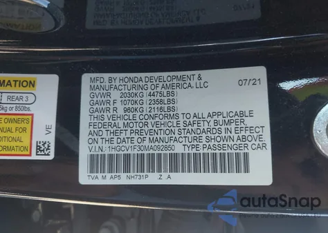 2021 Honda Accord Sport from USA, damaged, VIN 1HGCV1F30MA092850